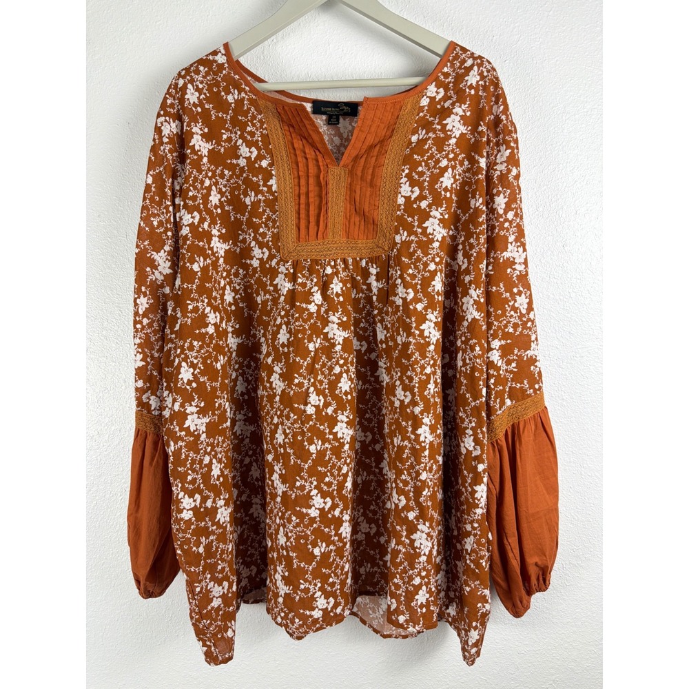 Suzanne Betro Signature Rust Orange Floral Boho Balloon Sleeve Blouse 3X Cottage